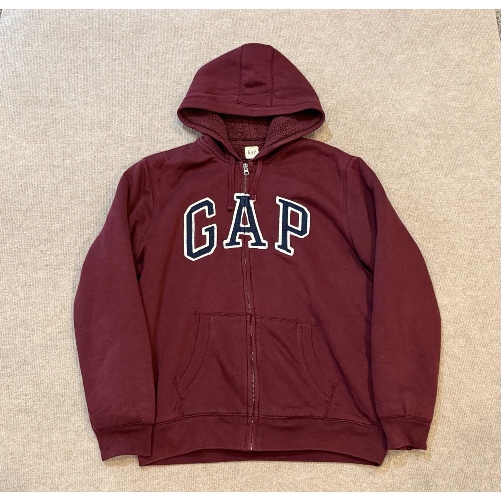 Vintage Gap Zip Up Hoodie Mens Large Burgundy Maroon 2000s Y2K Sherpa Lined
